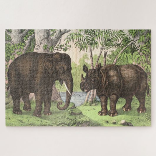 Antique Elephant Rhino Aquarell Print Puzzle (Horizontal)