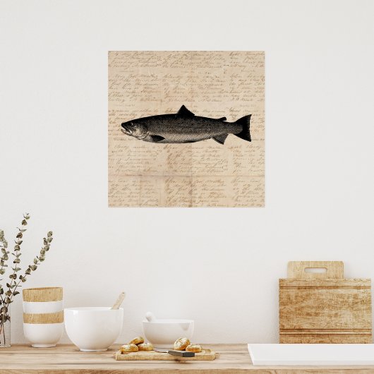Antique Fishing Art Trout Fish Illustration Script Poster (Küche)