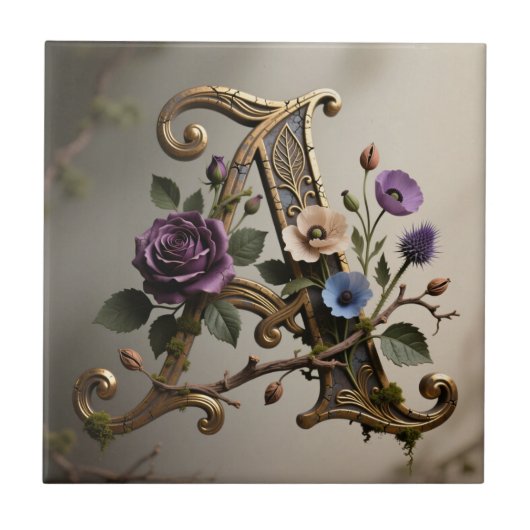 Antique Floral Gold Letter A Monogram Fliese (Vorderseite)