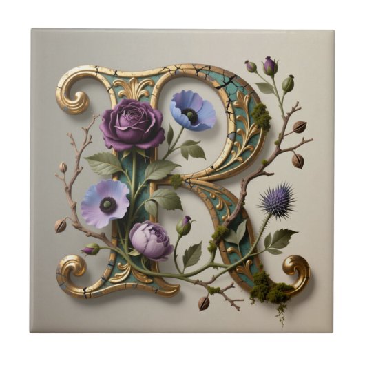 Antique Floral Gold Letter R Monogram Fliese (Vorderseite)