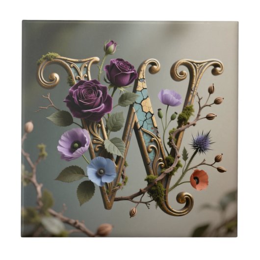 Antique Floral Gold Letter W Monogram Fliese (Vorderseite)