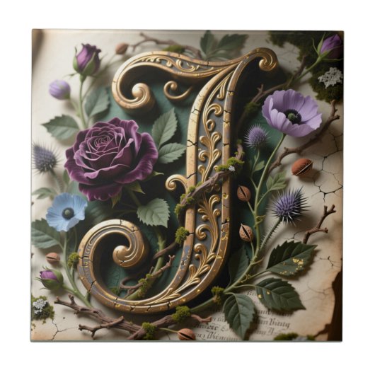 Antique Floral Gold Patina Letter J Fliese (Vorderseite)