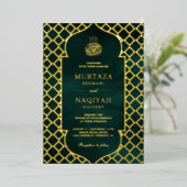 Antique Frame Emerald Green Muslim Wedding Gold Folieneinladung (Stehend vorne)