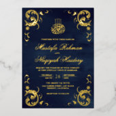 Antique Frame Navy Blue Islamic Wedding Gold Folieneinladung (Vorderseite)