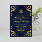 Antique Frame Navy Blue Islamic Wedding Gold Folieneinladung (Stehend vorne)