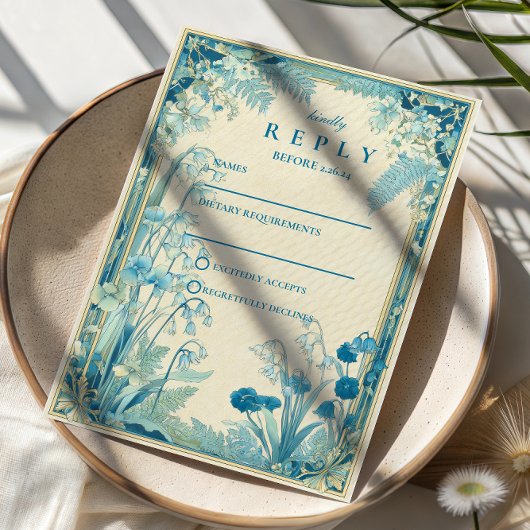 Antique Garden Blue Flower Wedding RSVP Karte