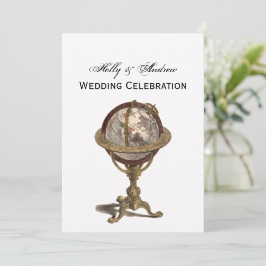 Antique Globe, White BG / Hochzeit Einladung (Stehend Vorderseite)
