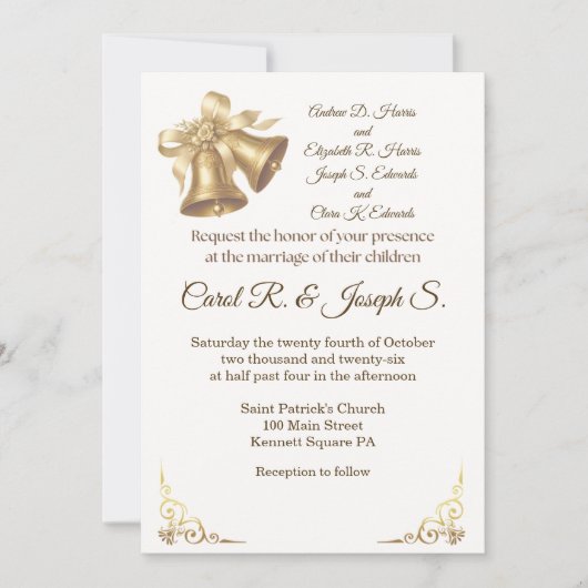 Antique Gold Bells Wedding Invitation Einladung (Vorderseite)