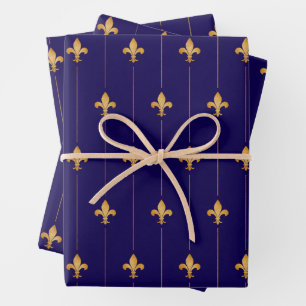 Antique Gold Fleur-de-Lis Dark Blue Geschenkpapier Set