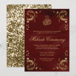 Antique Gold Frame Burgundy Red Islamic Mehndi Einladung