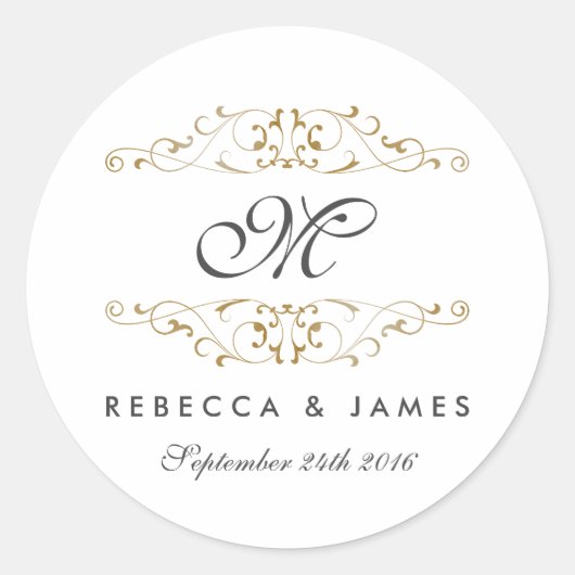 Antique Gold Geblüht Monogram Wedding Stickers (Vorderseite)