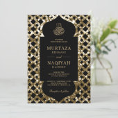 Antique Gold Glitzer Frame Black Muslim Wedding Einladung (Stehend Vorderseite)