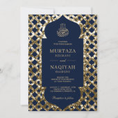 Antique Gold Glitzer Frame Blue Muslim Wedding Einladung (Vorderseite)