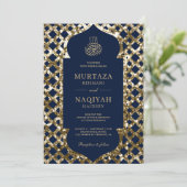 Antique Gold Glitzer Frame Blue Muslim Wedding Einladung (Stehend Vorderseite)