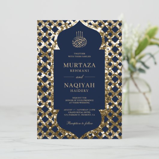 Antique Gold Glitzer Frame Blue Muslim Wedding Einladung (Stehend Vorderseite)