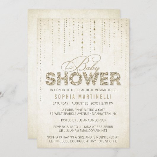 Antique Gold Glitzer Kinderdusche Einladung (Vorne/Hinten)
