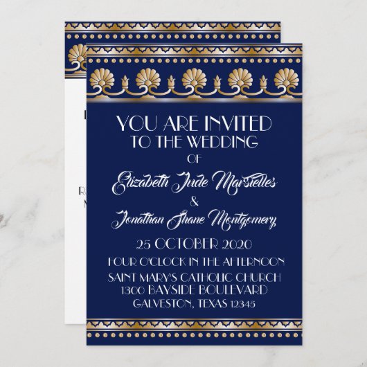 Antique Gold Lovely Blue Wedding - Formal Event Einladung (Vorne/Hinten)
