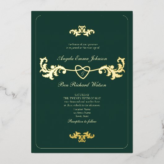 Antique Gold und Emerald Green Folieneinladung (Vorderseite)