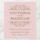 Antique Gold Wedding Monogram Pink Flasche Gefalle Weinetikett (Einzelnes Label)