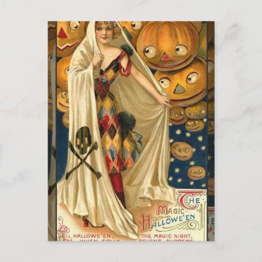 Antique Halloween Kürbislaterne Kostüm Frau Postkarte (Vorderseite)