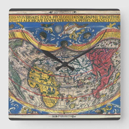 Antique Heart Shaped World Map von Peter Apian 152 Quadratische Wanduhr (Vorderseite)