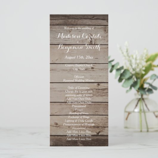 Antique Holz Rustic Country Hochzeitsprogramme Programm (Stehend Vorderseite)
