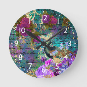 Antique Illustrated Peacock & Flowers Grunge Runde Wanduhr