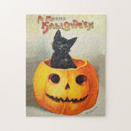 Antique Illustration Ephemera Black Cat Halloween Puzzle