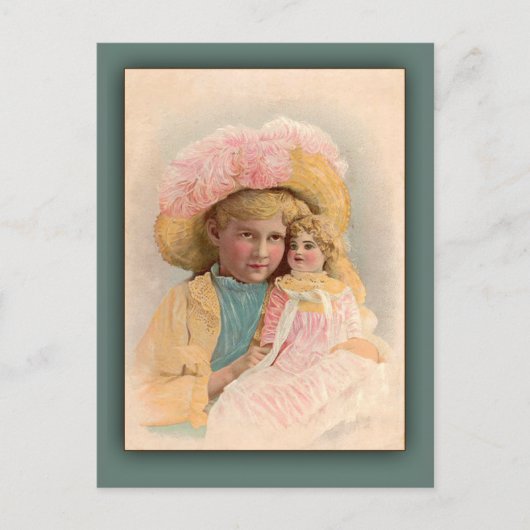 Antique Illustration Kind mit Puppenkarten Postkarte (Vorderseite)