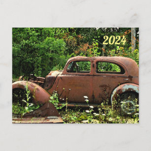 Antique Jalopy Auto mit Kalender 2024 auf der Rück Postkarte