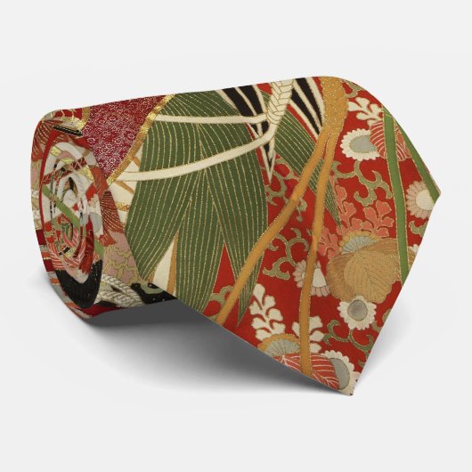ANTIQUE JAPANESE BLUME Red Green Black Floral Ne Krawatte (Gerollt)