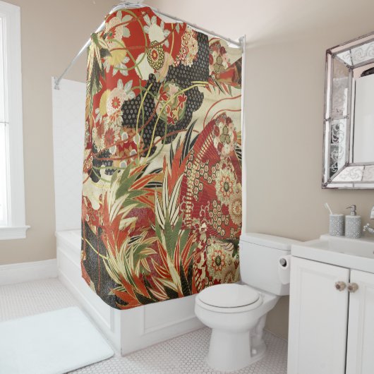 ANTIQUE JAPANESE BLUME Rote grüne Schwarze Blüte Duschvorhang (Beispiel)