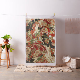 ANTIQUE JAPANESE BLUME Rote grüne Schwarze Blüte Stoff