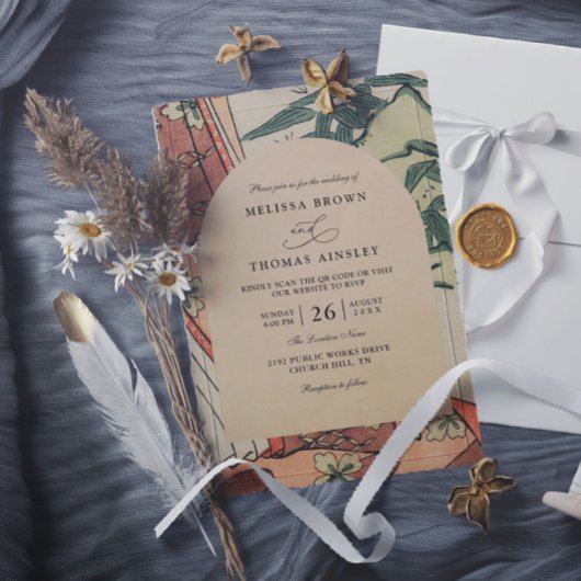 Antique Japanese Kimono Bamboo QR Code Wedding Einladung