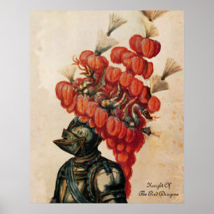 ANTIQUE KNIGHT HELMET, DRAGONS UND ROTE FEATHERS POSTER