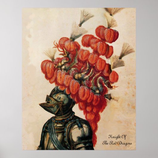 ANTIQUE KNIGHT HELMET, DRAGONS UND ROTE FEATHERS POSTER (Vorne)