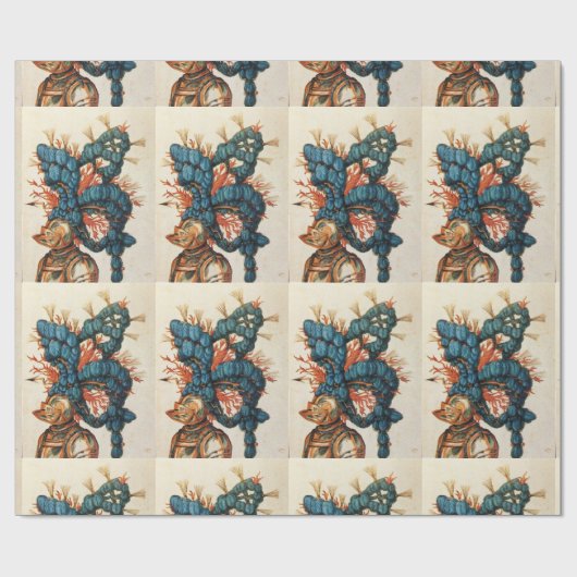 ANTIQUE KNIGHT HELMET MIT RED BLUE FEATHERS GESCHENKPAPIER (Flach)