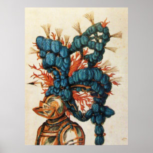 ANTIQUE KNIGHT HELMET MIT RED BLUE FEATHERS POSTER