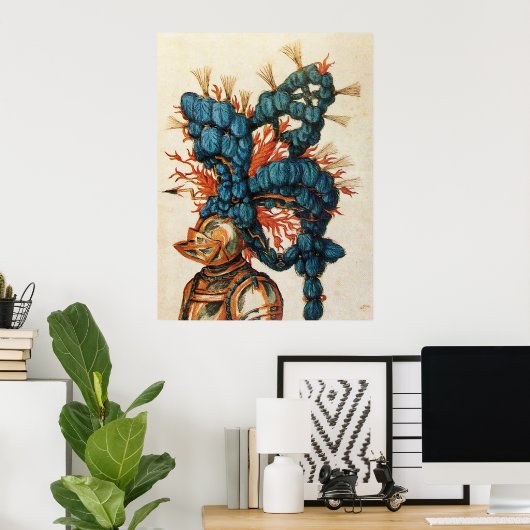 ANTIQUE KNIGHT HELMET MIT RED BLUE FEATHERS POSTER (Heimbüro)