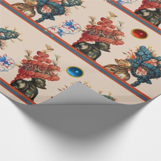 ANTIQUE KNIGHT HELMETS, ROTE BLAUE FEATHERS, DRAGO GESCHENKPAPIER (Ecke)