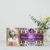 ANTIQUE LILA DAMASK Amethyst Monogramm Feiertagskarte (Stehend Vorderseite)