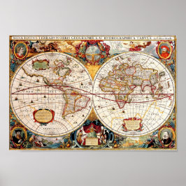 Antique medieval, historical World Map Nova Totius Poster