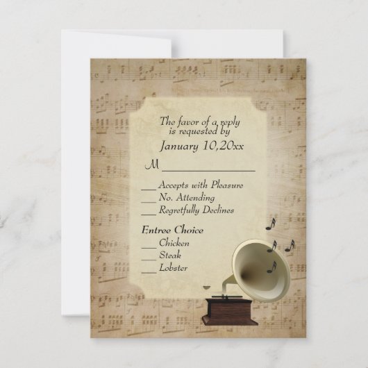 Antique Music Theme with Entree Choice RSVP Karte (Vorderseite)
