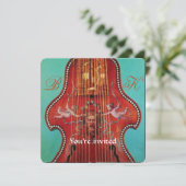 ANTIQUE MUSIKKONZERT, WEDD Monogramm Red Lyrone Einladung (Stehend Vorderseite)