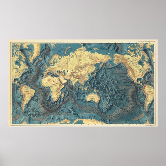 Antique Ocean Relief World Map: Yellow Continents Poster (Vorne)