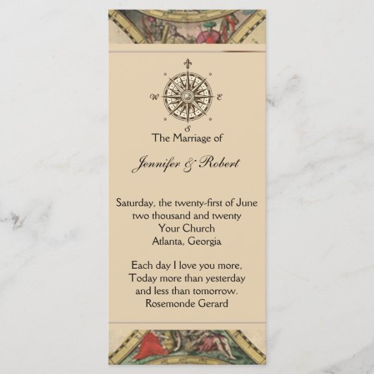 Antique Old World Map Hochzeitsprogramm Programm (Vorderseite)