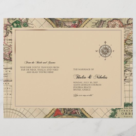 Antique Old World Map Hochzeitsprogramm Thalia (Vorderseite)