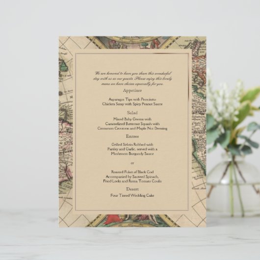 Antique Old World Map Wedding Menu (Stehend Vorderseite)