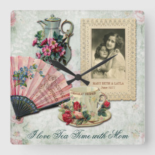 Antique Ornate Floral Cup Teapot Fan Lace Frame Quadratische Wanduhr