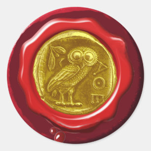 ANTIQUE OWL GOLD YELLOW RED WAX SIEGEL RUNDER AUFKLEBER